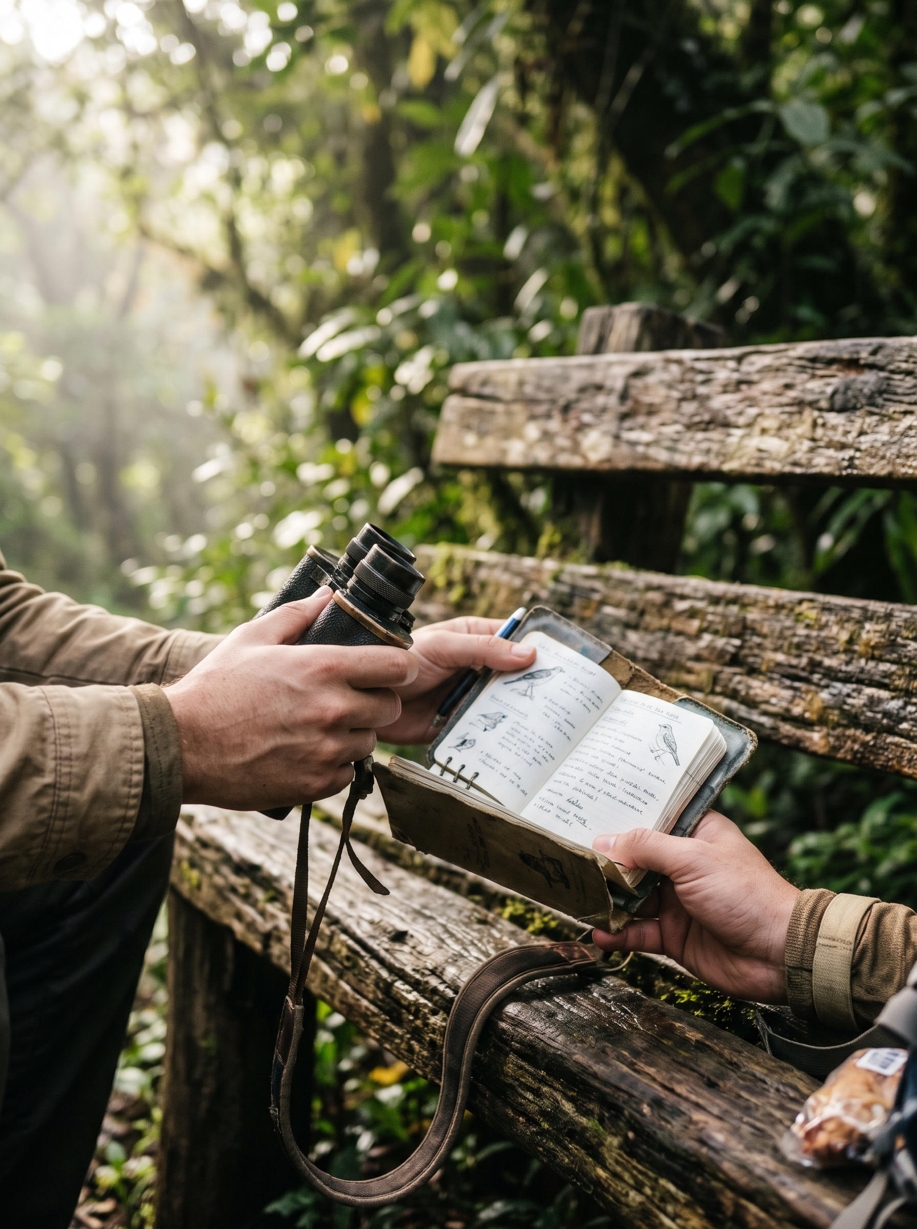 Binóculo e caderno de campo prontos para a observação de aves