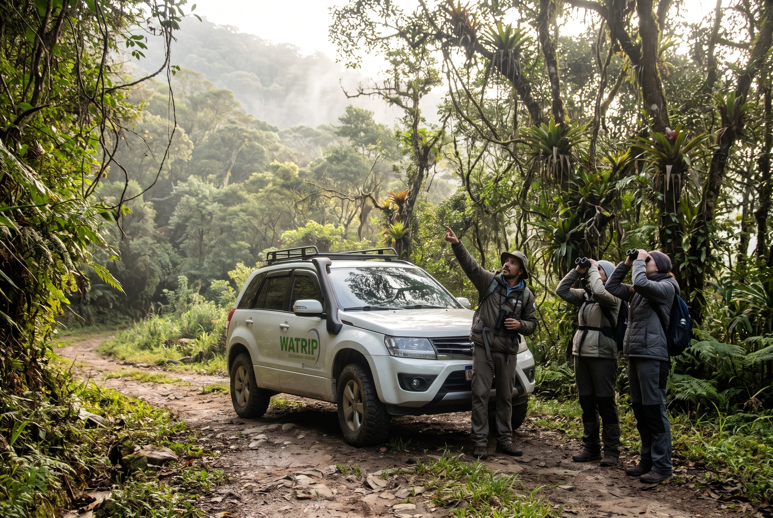 Guia mostrando aves a visitantes ao lado do veículo 4x4 na estrada de terra