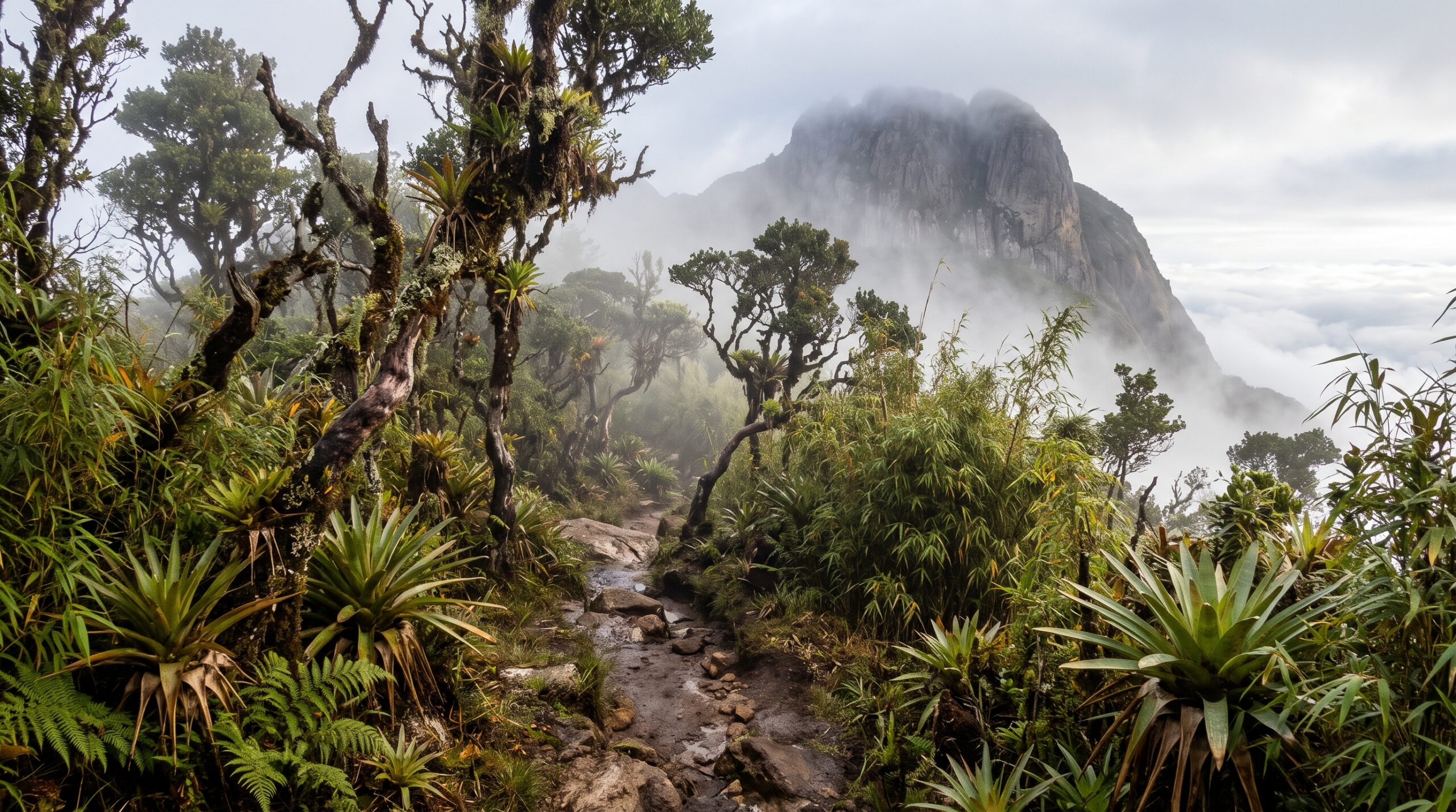 Trilha de altitude com bambuzais e neblina no Pico da Caledônia